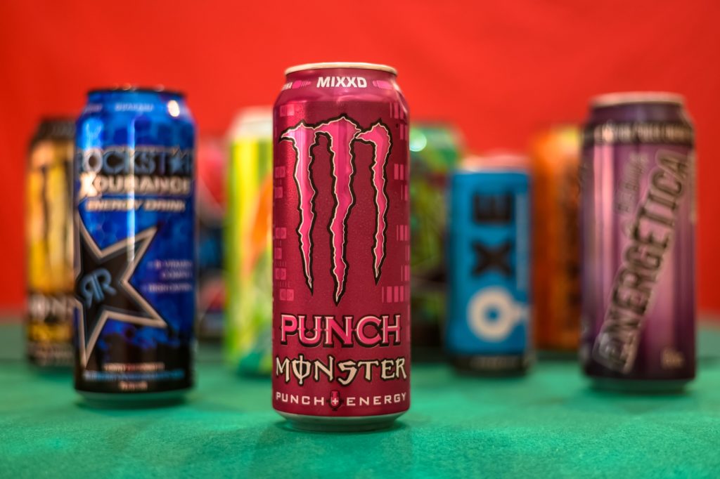 Collection of different energy drinks. 