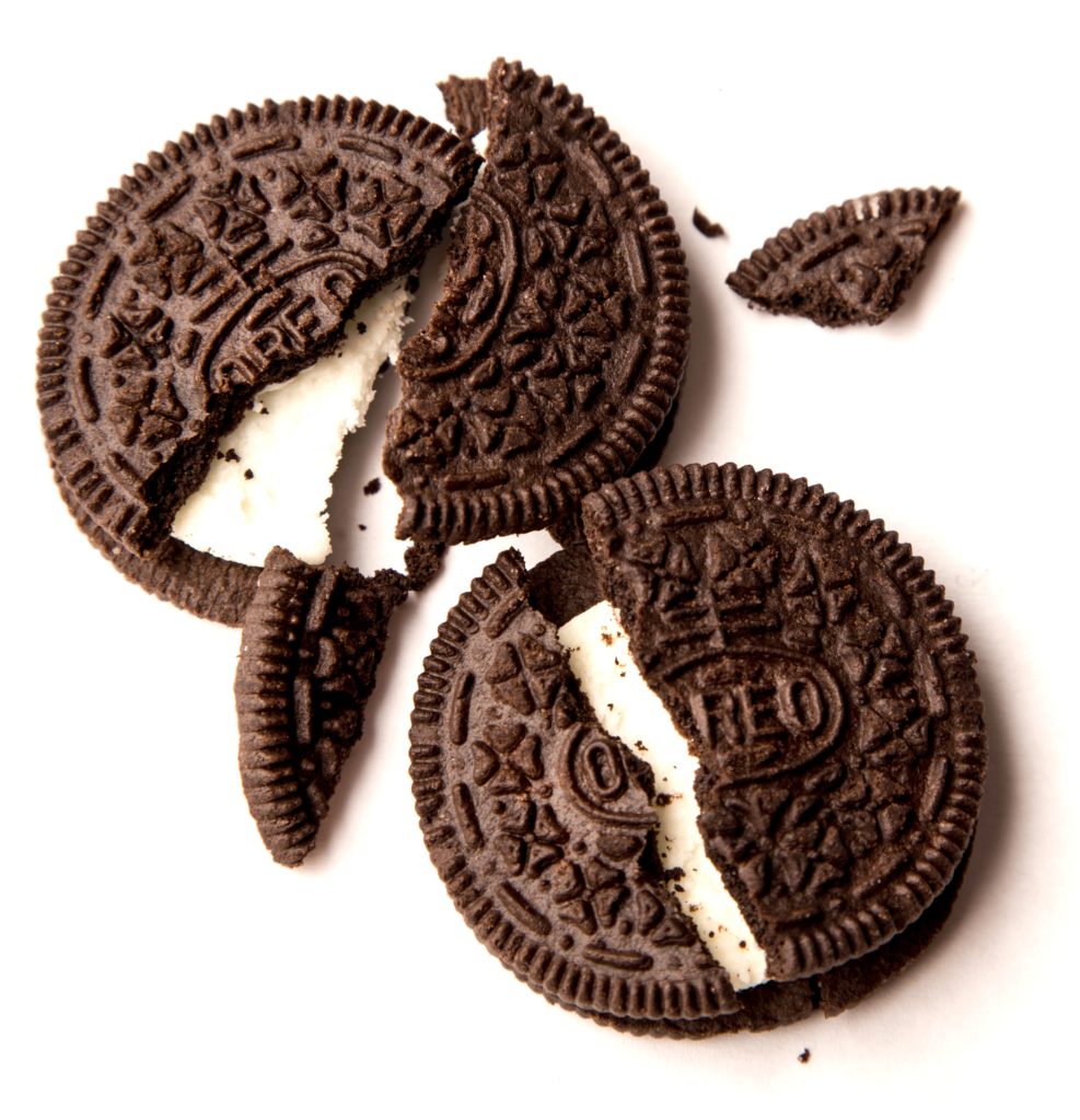 two oreo cookies that contain a lot of sugar 