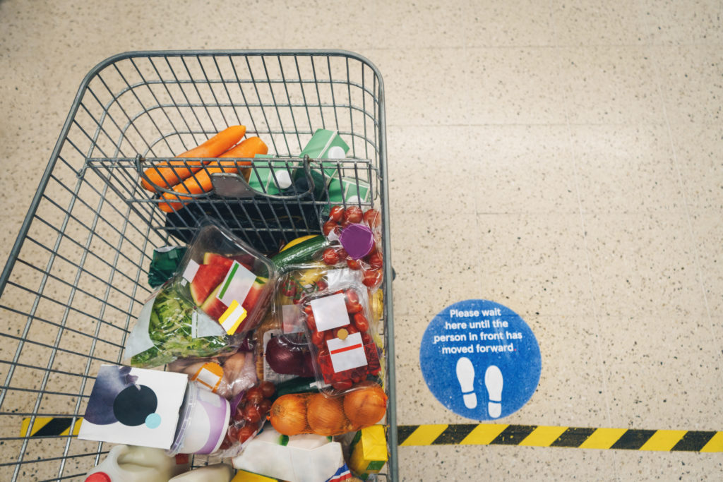 Social Distance Sign on the floor during COVID-19 at supermarket and Shopping during virus